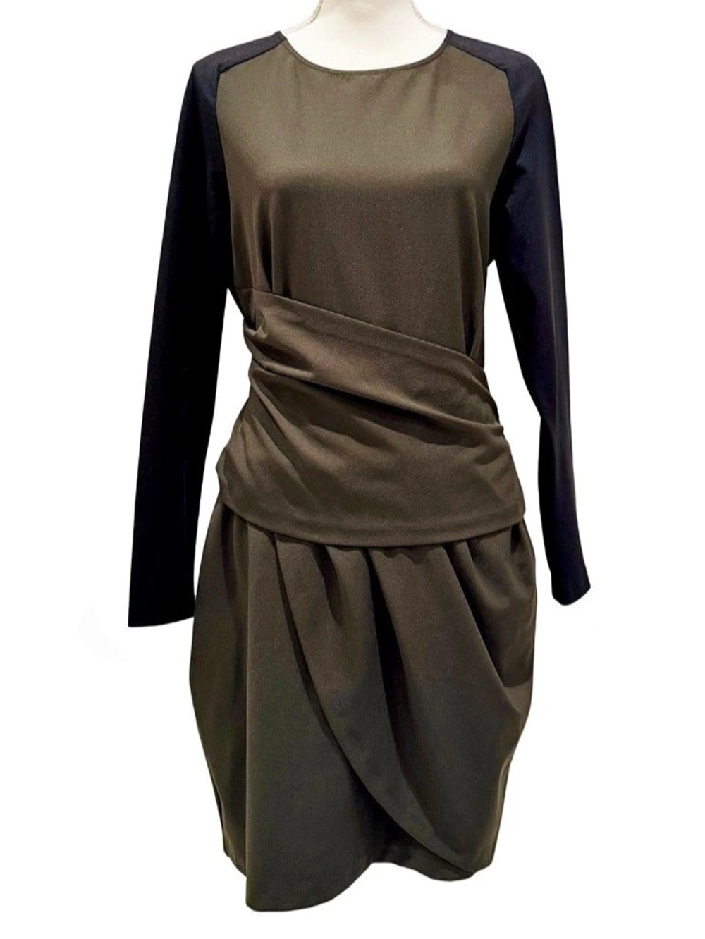 Zara Woman Draped Dress in Black & Olive Green + Long Sleeves - Large- Like New
